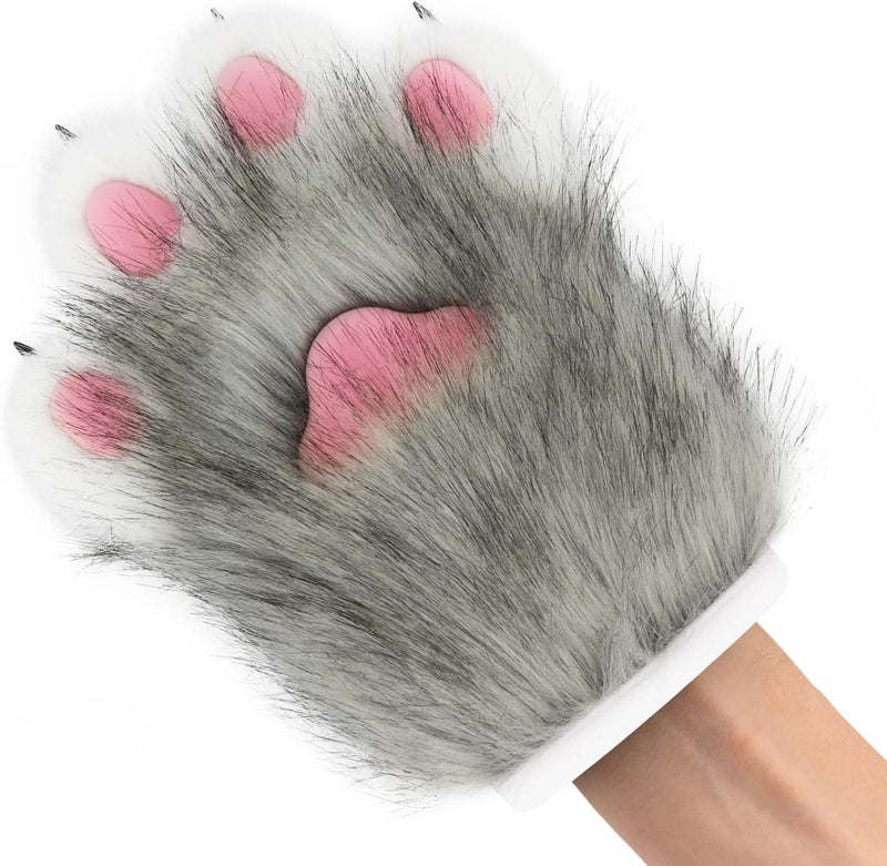 hbbhml Faux Fur Plush Furry Cat Claw Gloves Fursuit Animal Fox Paws Mittens Halloween Cosplay Costume Accessories for Adult - Image 2